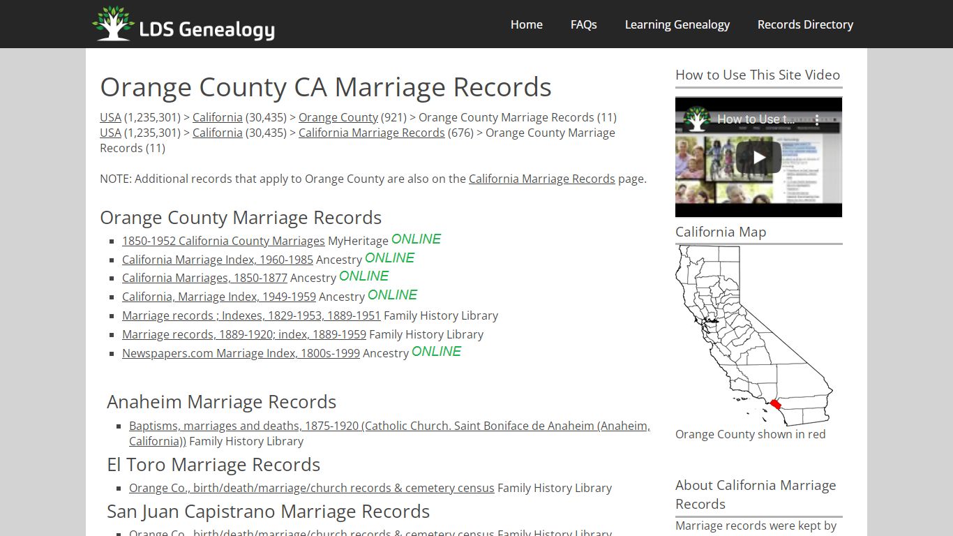 Orange County CA Marriage Records - LDS Genealogy