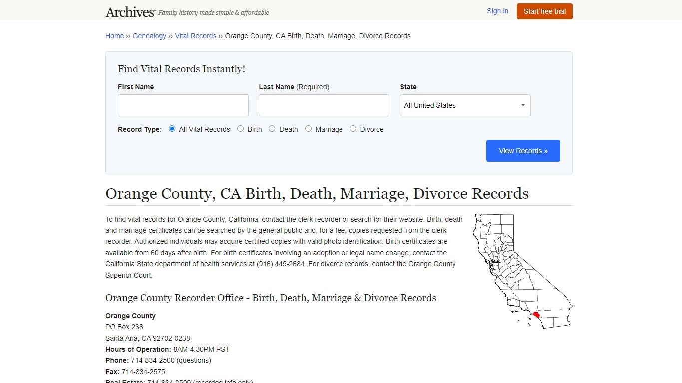 Orange County, CA Birth, Death, Marriage, Divorce Records